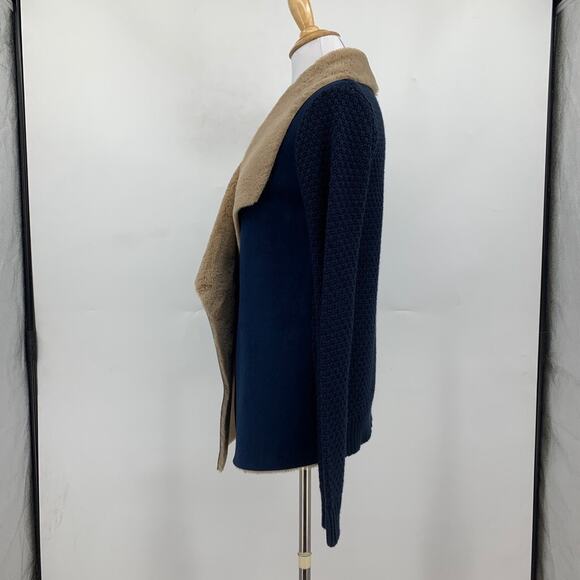 Lovestitch Cardigan Womens Small Navy Tan Faux Shearling Wide Shawl Open Front - Picture 5 of 13